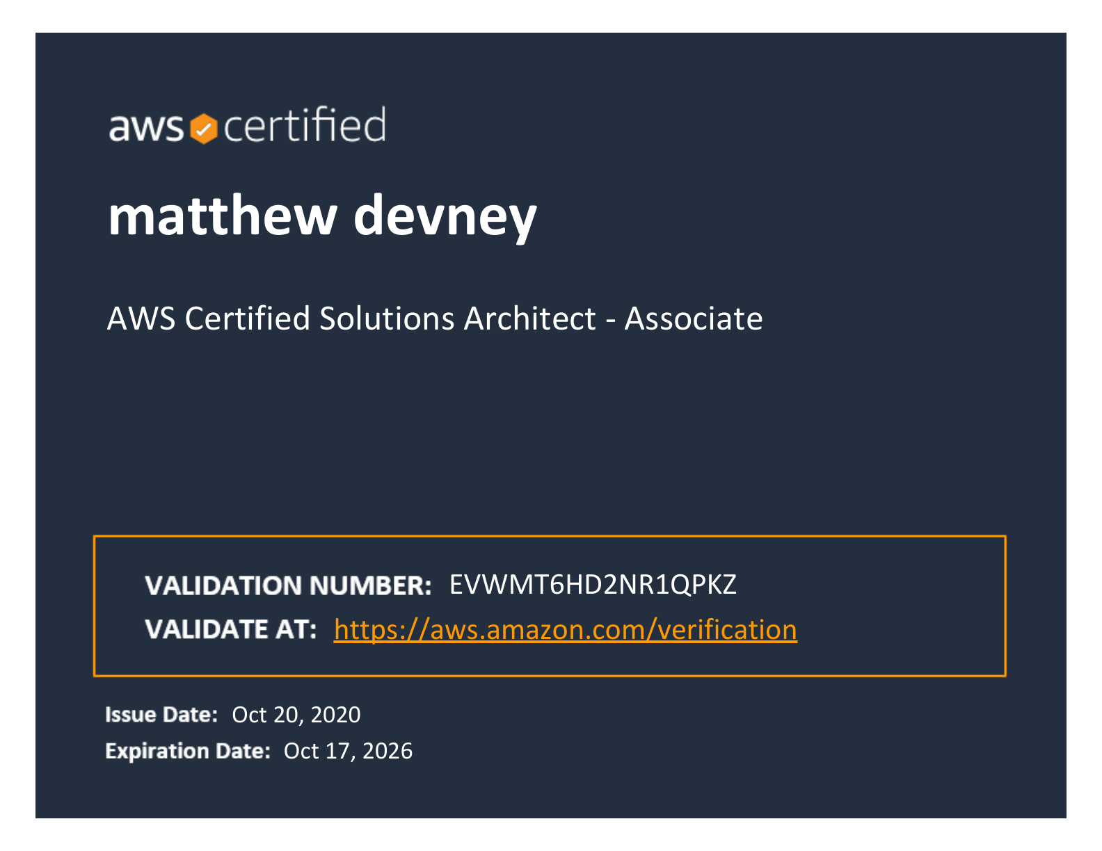 AWS Certified Solutions Architect - Associate certificate for Matthew Devney